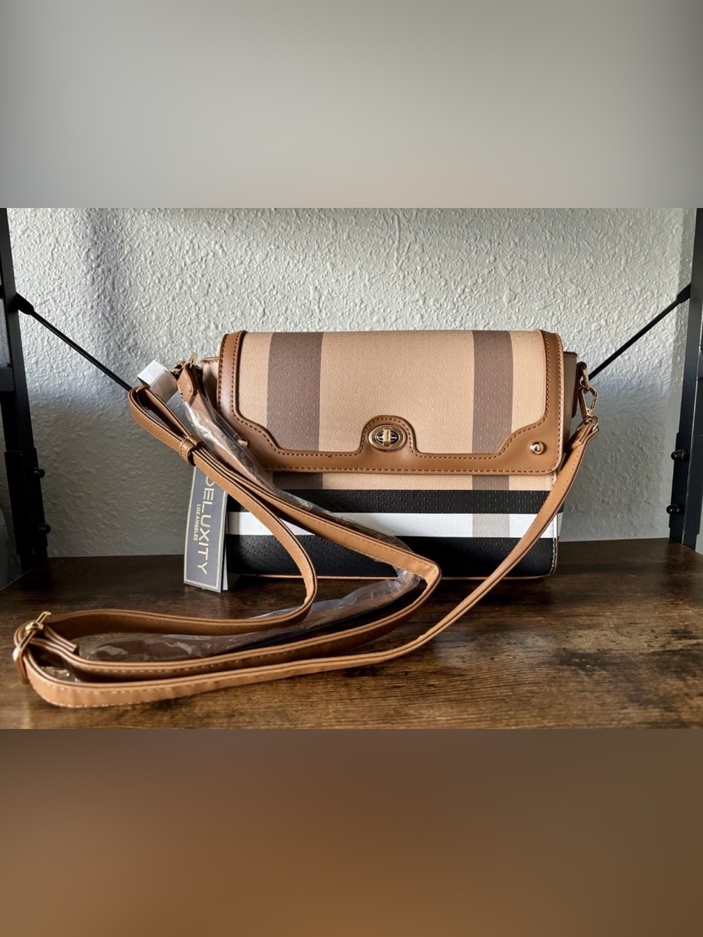 Deluxity Los Angeles Striped Tan & Brown Crossbody Bag with Turn-Lock Flap
